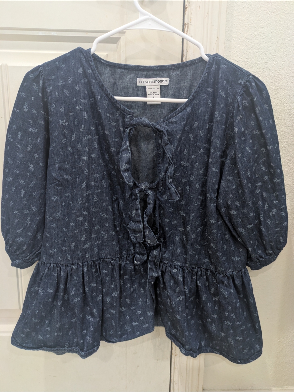 Nouveau Monde Blue Tie-Front Peplum Blouse